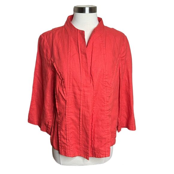 3/$30 Chicos Open Jacket Womens 1 Medium Orange Core Linen Collarless 3/4 Sleeve - Picture 1 of 8